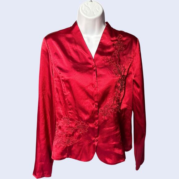 Covington Petite red satin embroidered button-front blouse M Petite - Picture 1 of 6